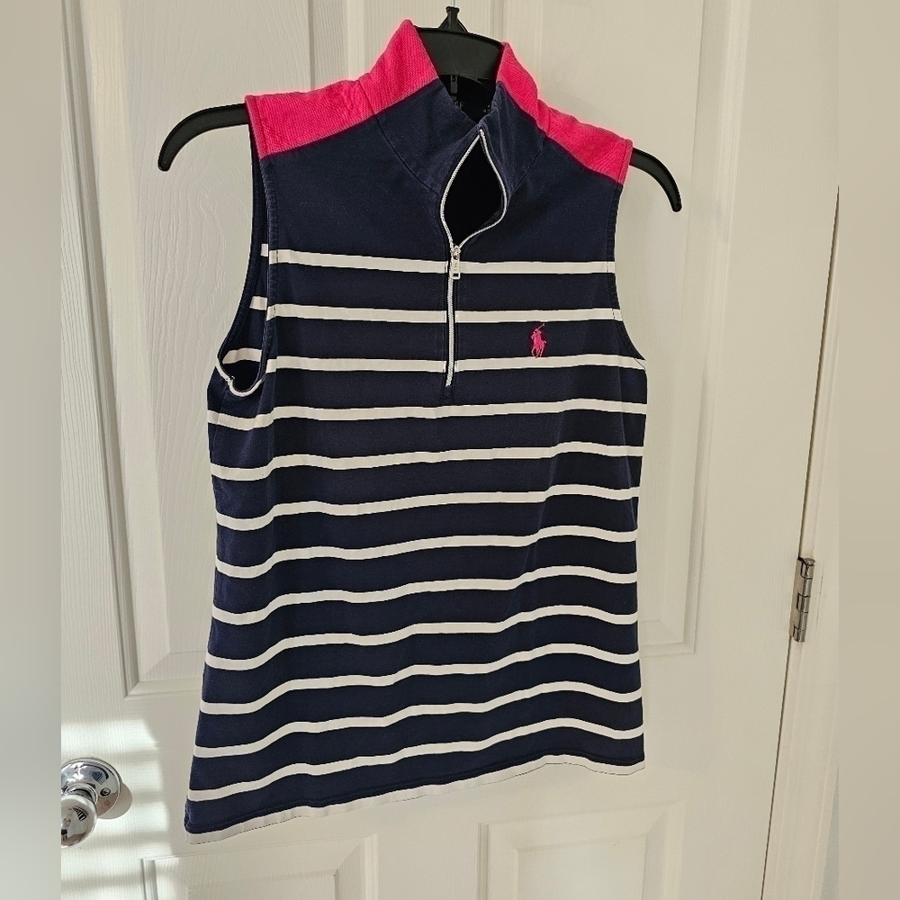Polo by Ralph Lauren Navy & White Stripe Sleeveless Polo with Hot Pink Accents